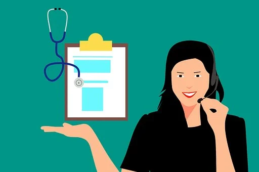 image qui représente une secrétaire médicale au téléphone, démontrant un stéthoscope et un fiche patient - standard téléphonique médical - Serenity