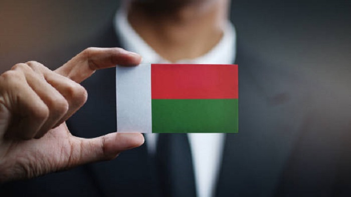 un homme d'affaire anonyme tenant un petit drapeau de Madagascar - permanence téléphonique à distance - Serenity